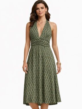 Green Halter Backless Midi Dress Size 10 Boho Flowy Summer